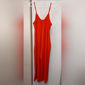 Red Wide Leg Cami Jumpsuit Size XL Ankle Length Adjustable Straps Pockets Comfy